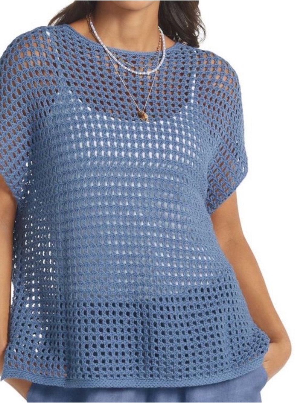 Blue Crochet Short-Sleeve Tunic Top - Women
